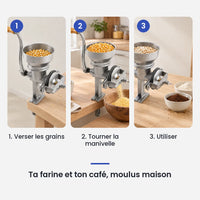 Comment utiliser le hachoir manuel à grains 500g en fonte en 3 étapes : verser les grains, tourner la manivelle, utiliser