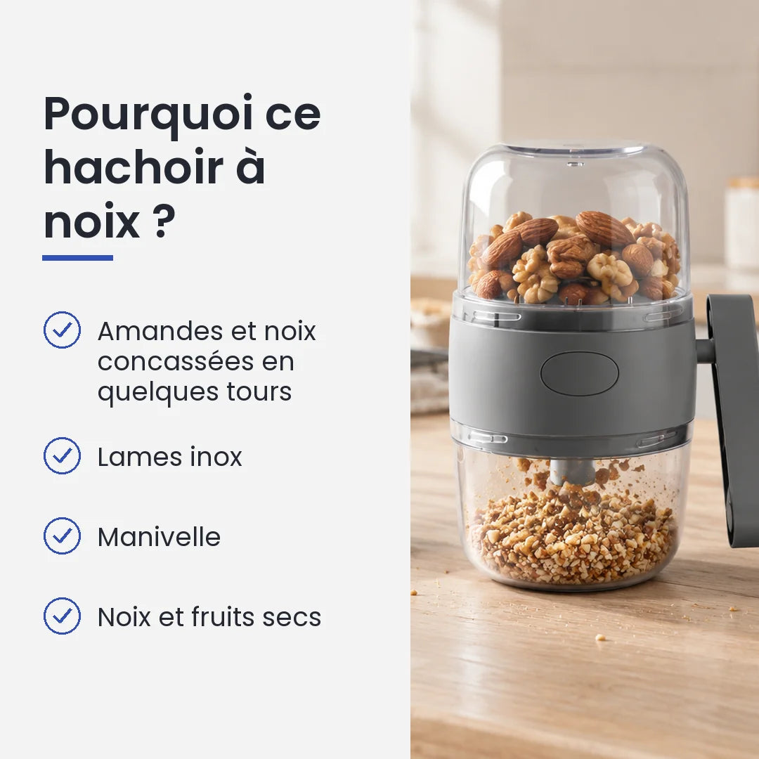Pourquoi choisir ce hachoir à noix : amandes et noix concassées en quelques tours, lames inox, manivelle, noix et fruits secs
