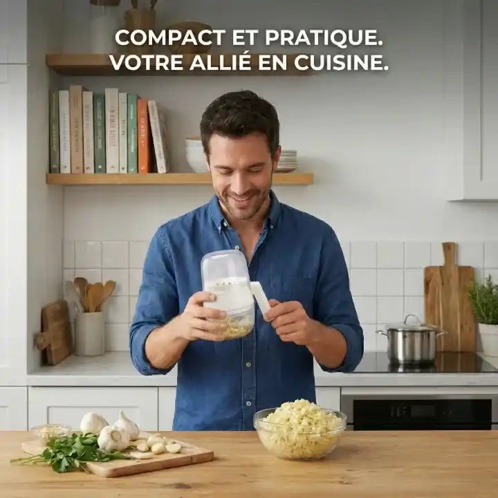 Hachoir manuel blanc à manivelle pour noix et fruits secs en action - Préparation culinaire rapide
