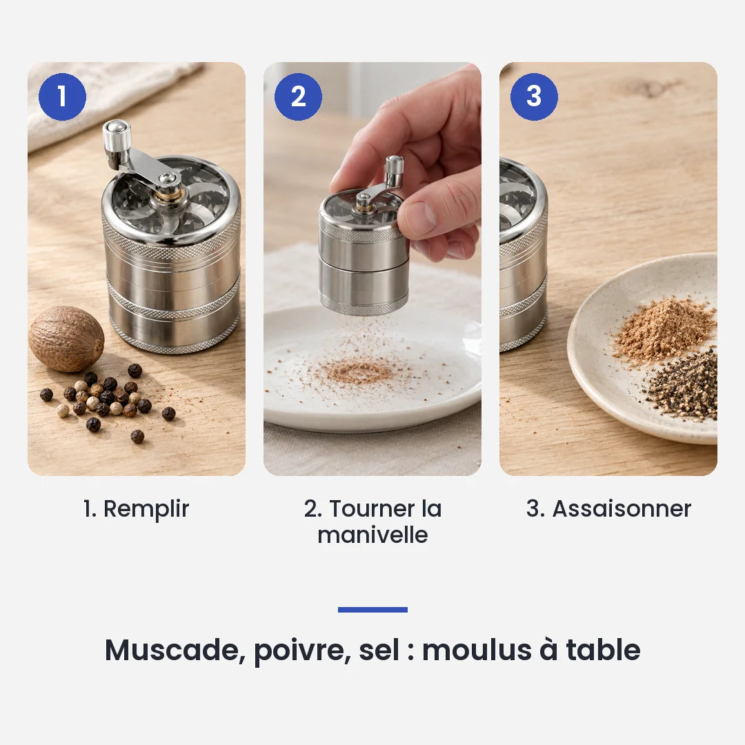 Comment utiliser le hachoir manuel métallique argenté à manivelle en 3 étapes : remplir, tourner la manivelle, assaisonner