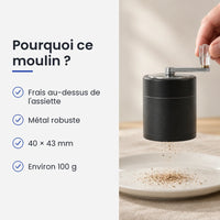 Pourquoi choisir ce moulin : frais au-dessus de l'assiette, métal robuste, 40 × 43 mm, environ 100 g