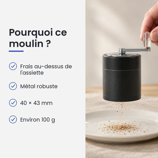 Pourquoi choisir ce moulin : frais au-dessus de l'assiette, métal robuste, 40 × 43 mm, environ 100 g