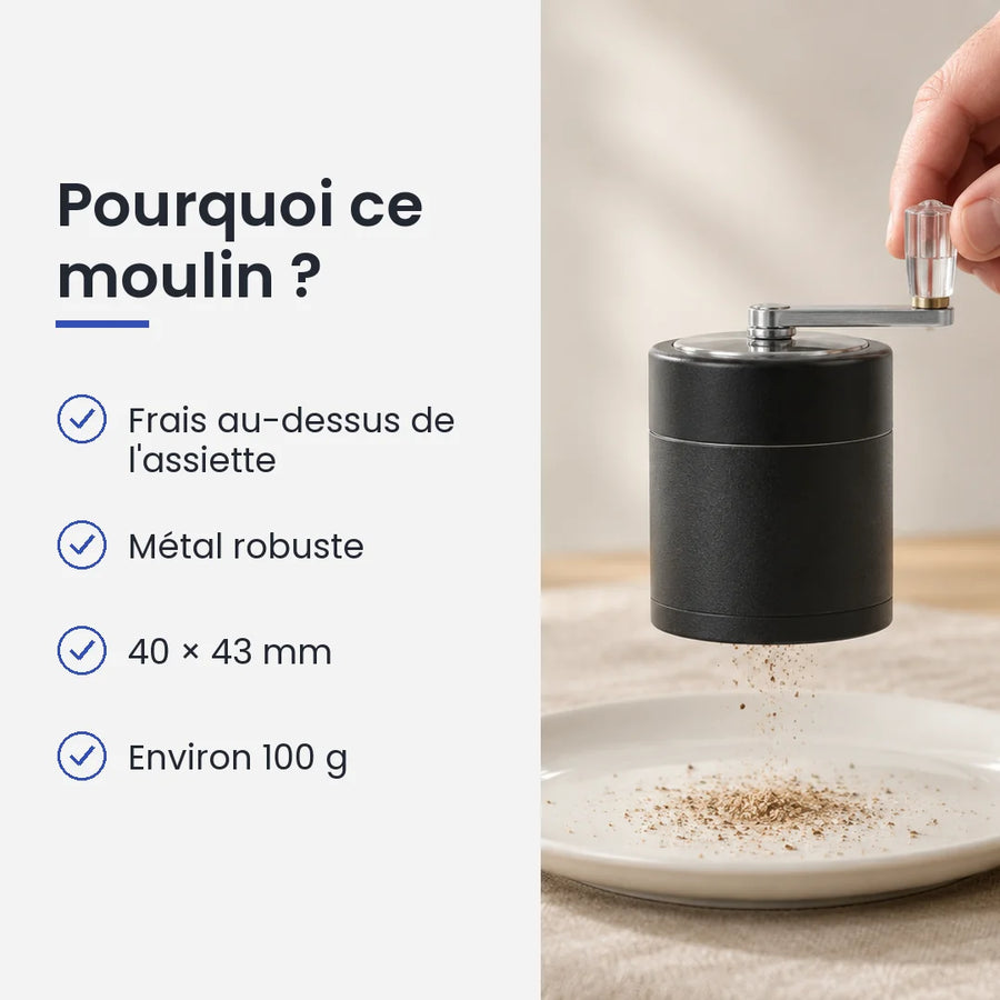 Pourquoi choisir ce moulin : frais au-dessus de l'assiette, métal robuste, 40 × 43 mm, environ 100 g