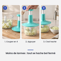 Comment utiliser le hachoir manuel presse vertical 1,5 L en 3 étapes : couper en 4, appuyer, c'est haché