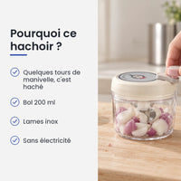 Pourquoi choisir ce hachoir : quelques tours de manivelle, c'est haché, bol 200 ml, lames inox, sans électricité