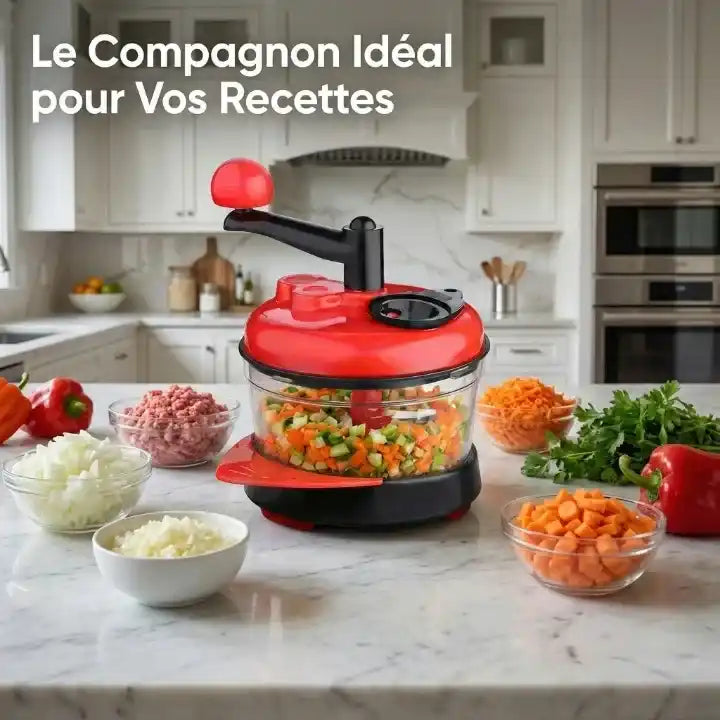 Hachoir manuel rouge bol transparent pour légumes — vue de dessus
