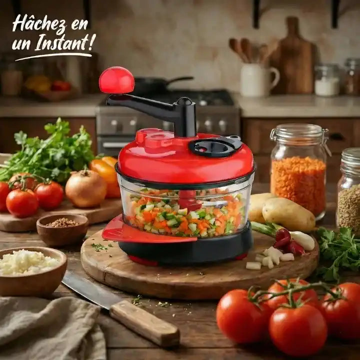 Hachoir manuel rouge bol transparent pour légumes — vue latérale
