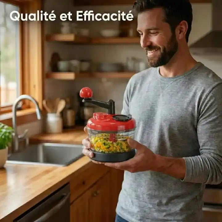 Hachoir manuel rouge bol transparent pour légumes — vue arrière