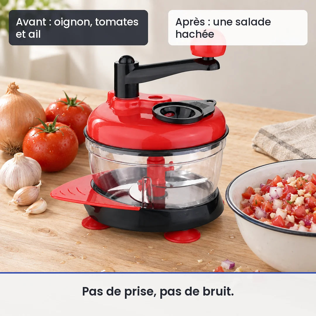 Avant/après avec le hachoir manuel rouge bol transparent : oignon, tomates et ail, puis une salade hachée