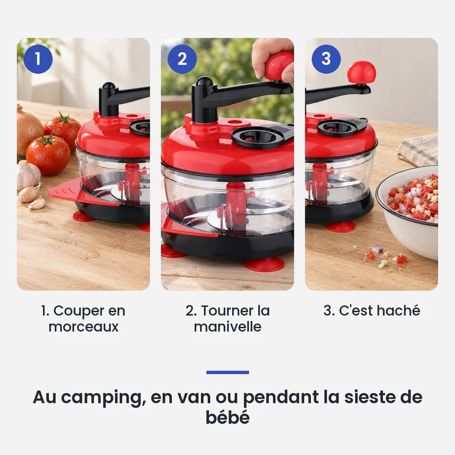 Comment utiliser le hachoir manuel rouge bol transparent en 3 étapes : couper en morceaux, tourner la manivelle, c'est haché