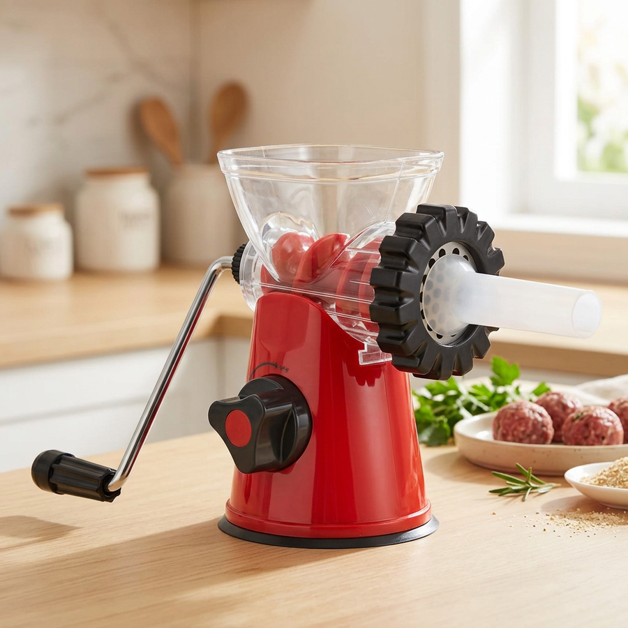 Hachoir à viande manuel à ventouse rouge, avec embout à saucisses, en situation dans la cuisine