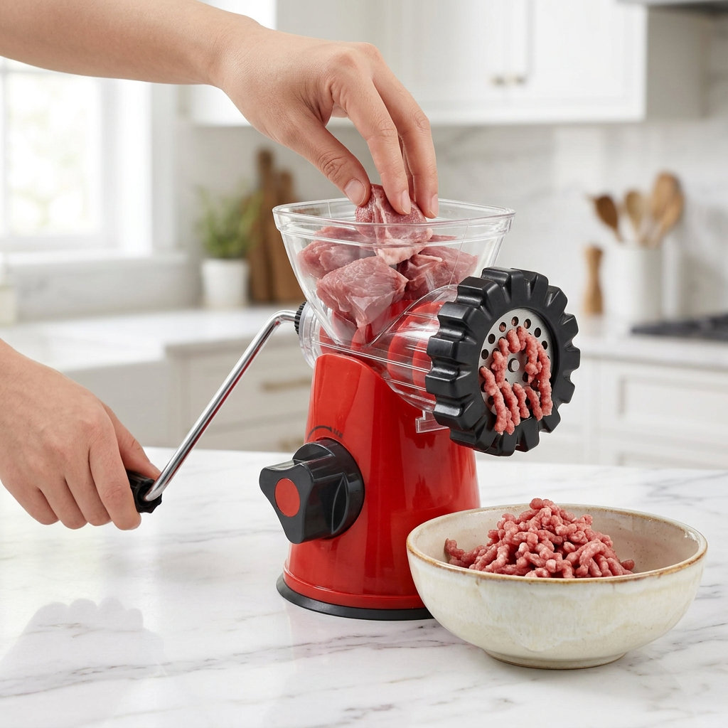 Hachoir à viande manuel à ventouse rouge, avec embout à saucisses, en cours d'utilisation