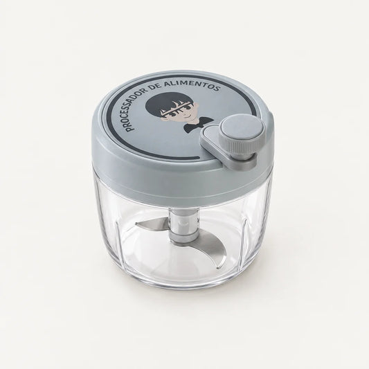 Hachoir manuel rotatif 200 ml à couvercle gris bleuté, petite manivelle grise et bol transparent, sur fond clair