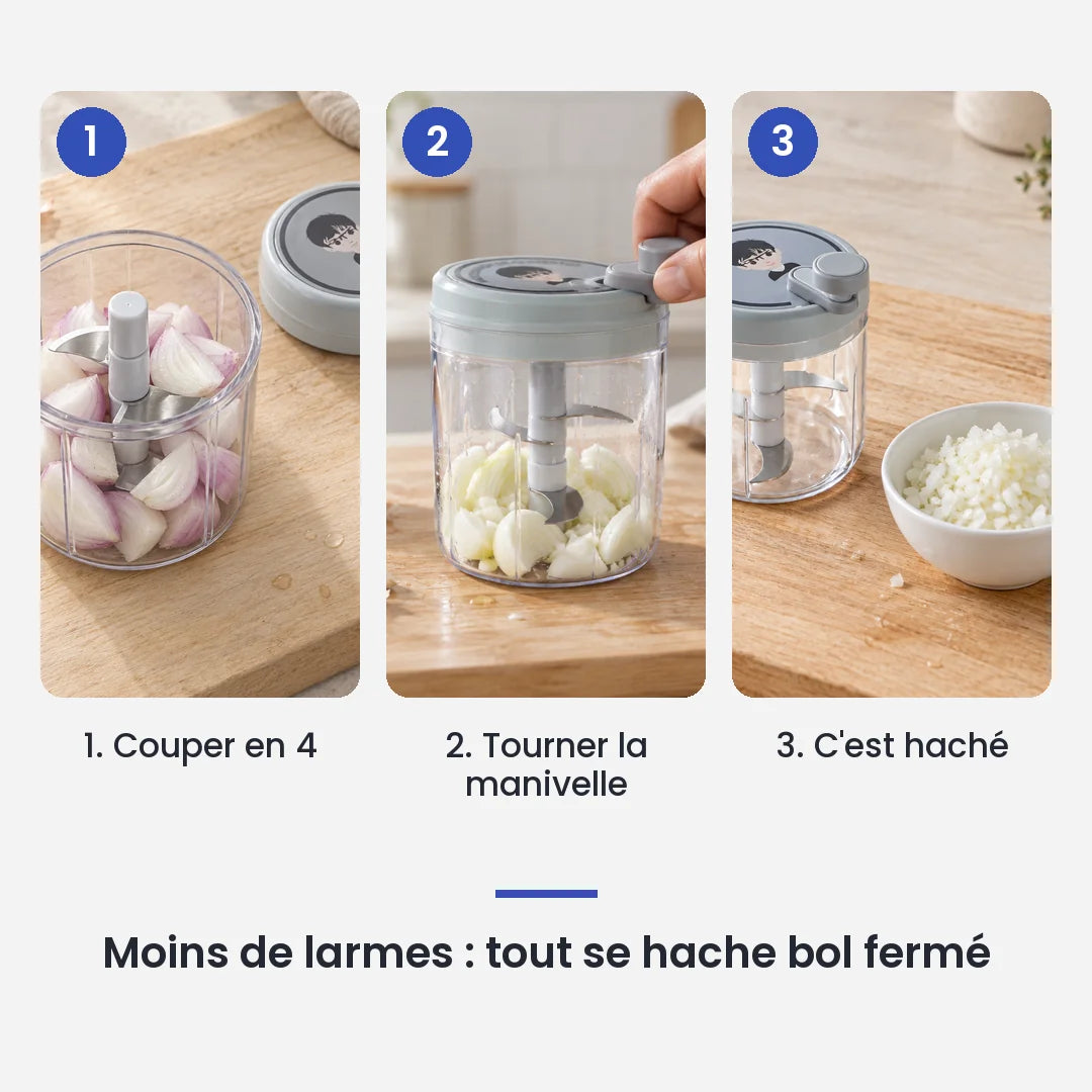 Comment utiliser le hachoir rotatif vert 400 ml en 3 étapes : couper en 4, tourner la manivelle, c'est haché