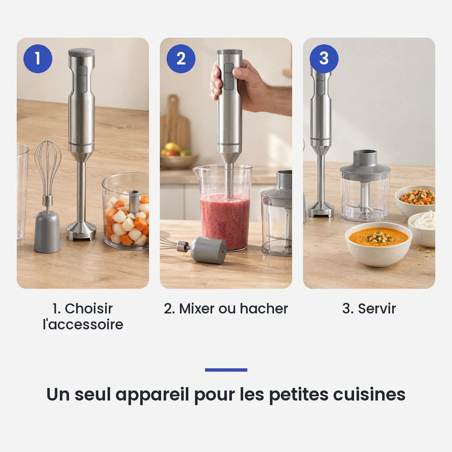 Comment utiliser le hachoir multifonction 4 en 1 en 3 étapes : choisir l'accessoire, mixer ou hacher, servir
