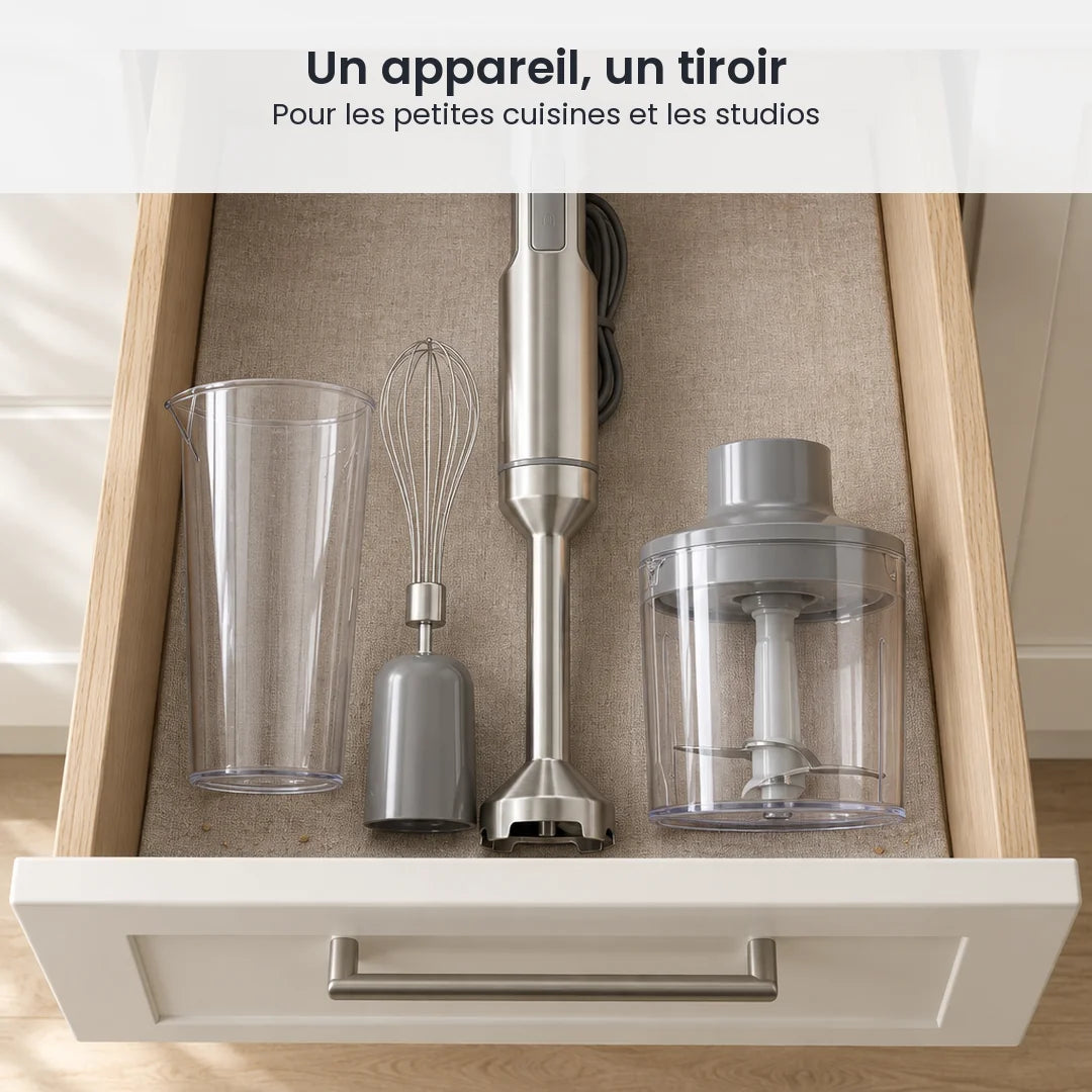 Mixeur plongeant 4 en 1 inox 304 et tous ses accessoires rangés ensemble dans un seul tiroir de cuisine