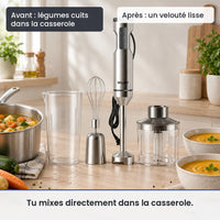 Avant/après avec le hachoir multifonction 4 en 1 : légumes cuits dans la casserole, puis un velouté lisse