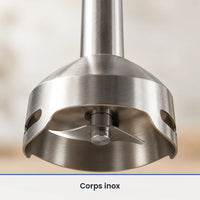 Gros plan sur le couteau inox sous la cloche du pied du mixeur plongeant ROUNY 4 en 1 de 1000 W