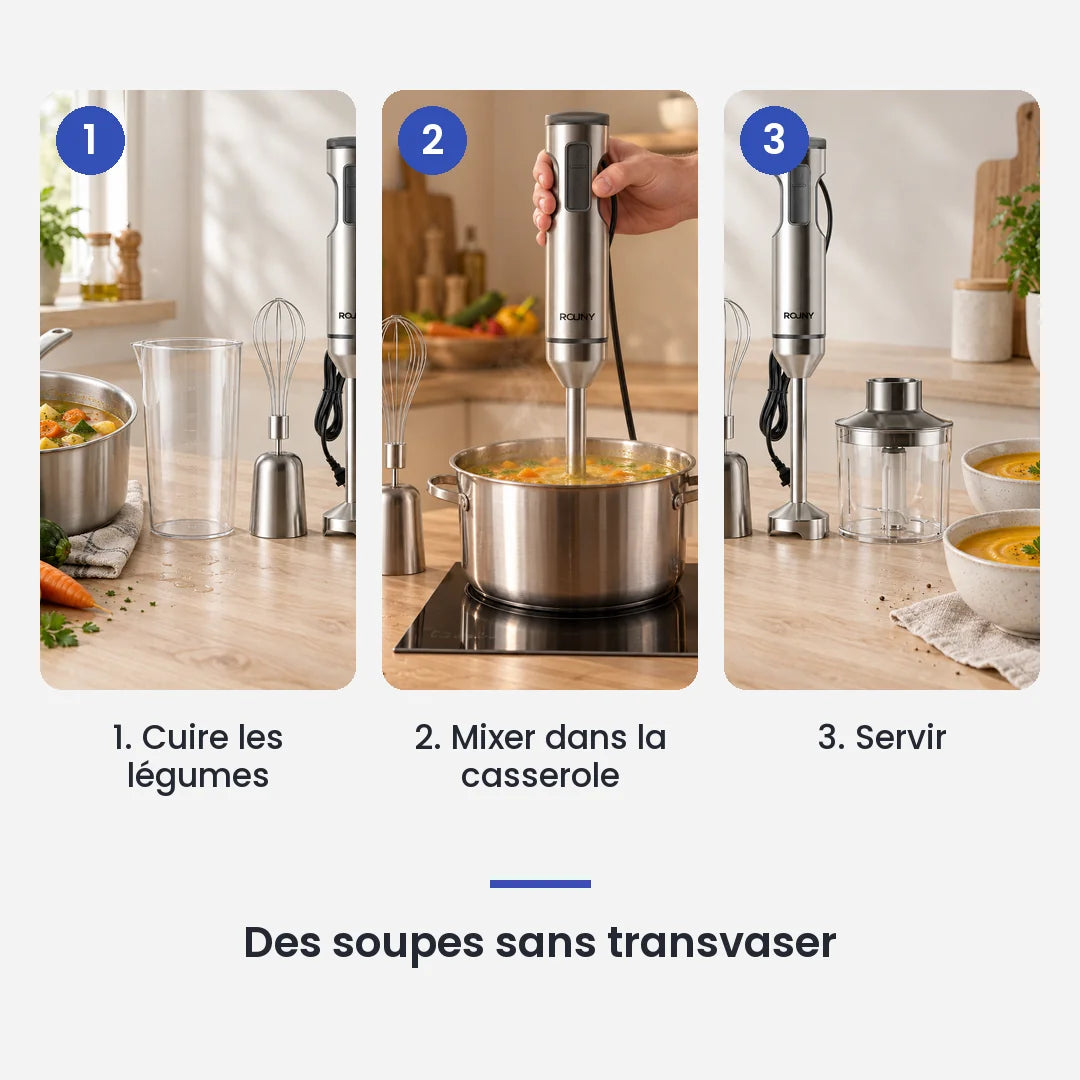 Comment utiliser le hachoir multifonction 4 en 1 en 3 étapes : cuire les légumes, mixer dans la casserole, servir