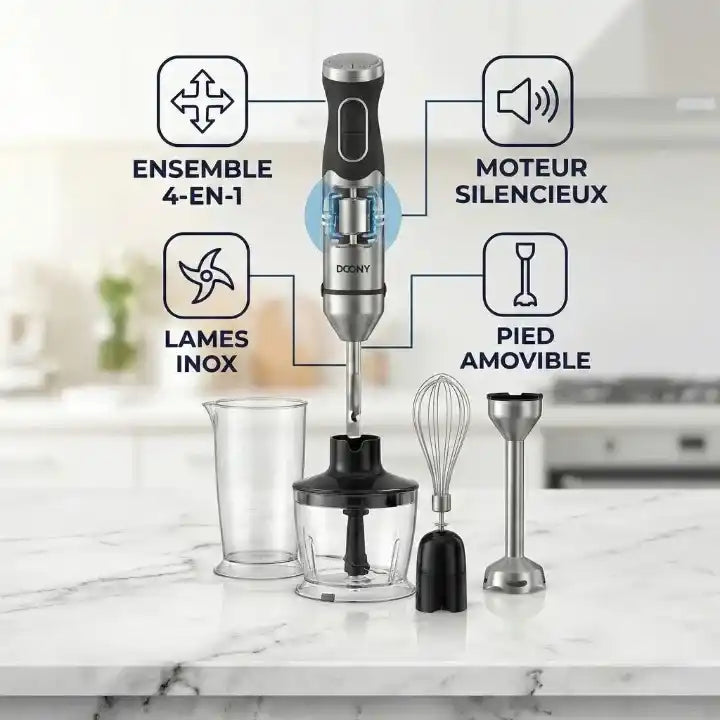 Hachoir multifonction 4 en 1 avec mixeur plongeant 1000W — accessoires inclus