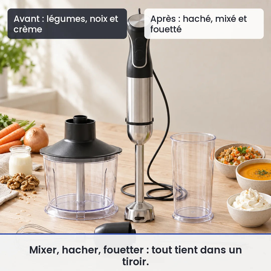 Avant/après avec le hachoir multifonction 5 en 1 : légumes, noix et crème, puis haché, mixé et fouetté