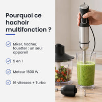 Pourquoi choisir ce hachoir multifonction : mixer, hacher, fouetter : un seul appareil, 5 en 1, moteur 1500 W