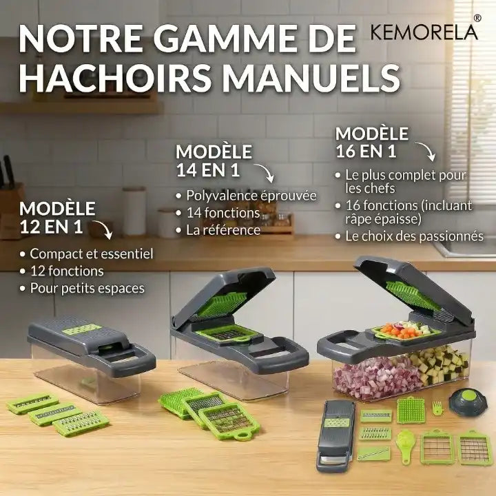  Hachoir légume multifonction gris — accessoires et lames inox inclus