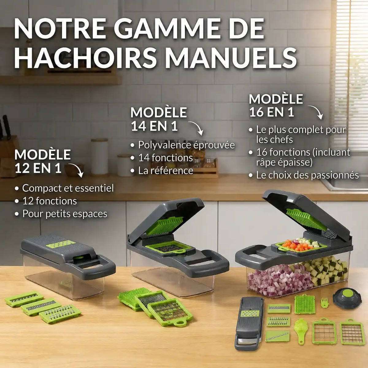 Hachoir légume multifonction 16 en 1 gris lames inox