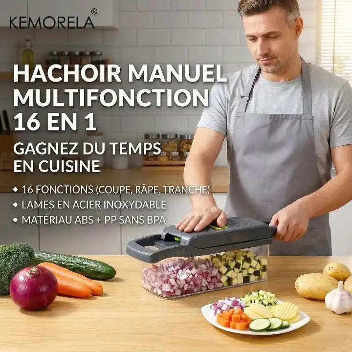 Hachoir légume multifonction gris — détail des lames inox