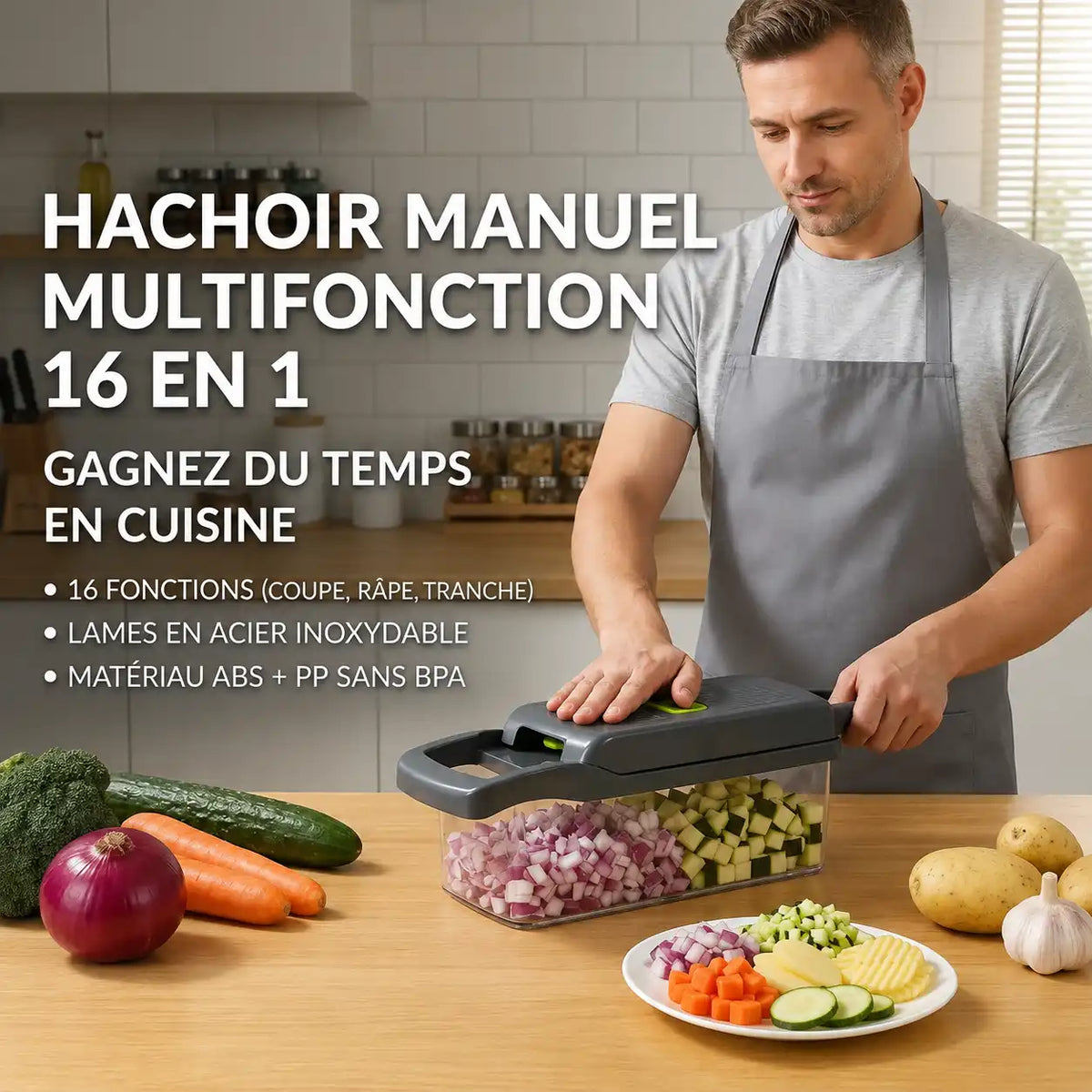 Hachoir légume multifonction 16 en 1 gris lames inox