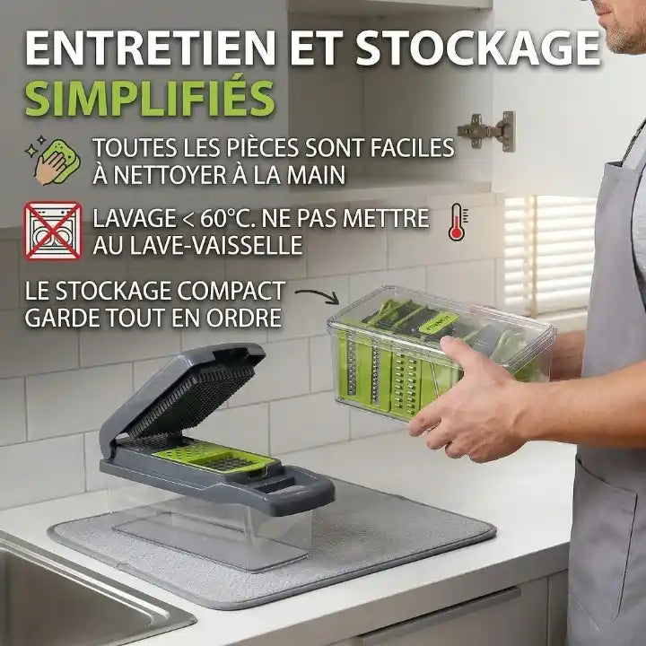 Hachoir légume multifonction gris — détail des lames inox