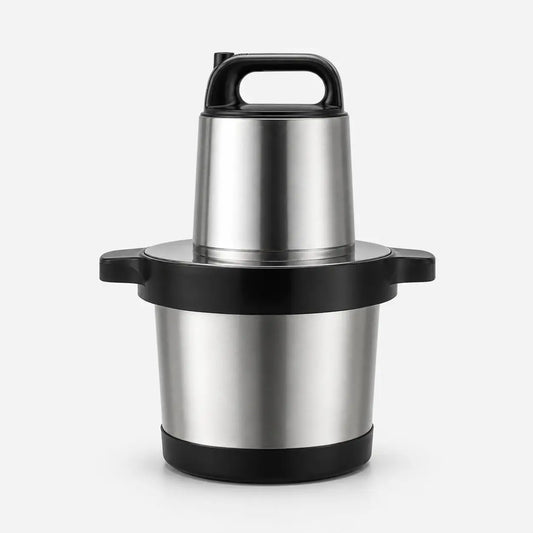 Hachoir électrique inox 6 L 1000 W pour viande et légumes présenté sur fond neutre

