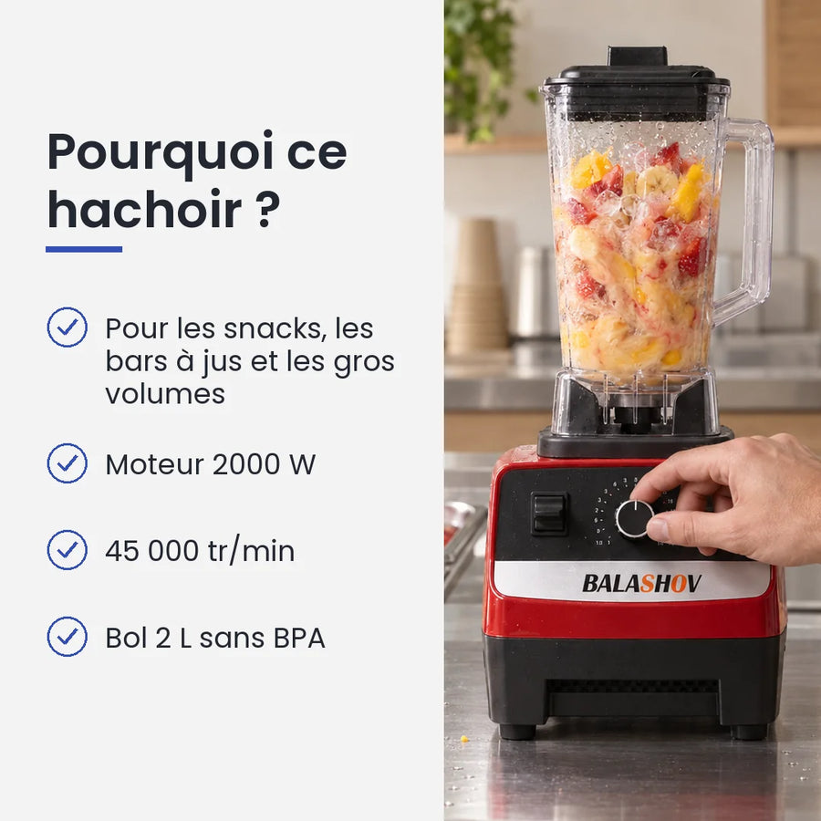 Pourquoi choisir ce hachoir : pour les snacks, les bars à jus et les gros volumes, moteur 2000 W, 45 000 tr/min
