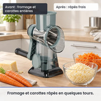 Avant/après avec le hachoir légume rotatif 3 en 1 bleu à manivelle : fromage et carottes entières, puis râpés frais