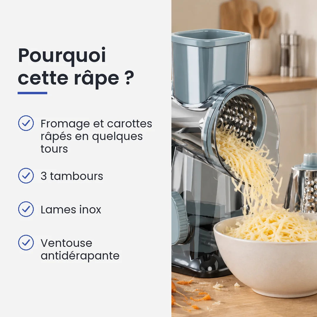 Pourquoi choisir cette râpe : fromage et carottes râpés en quelques tours, 3 tambours, lames inox, ventouse antidérapante