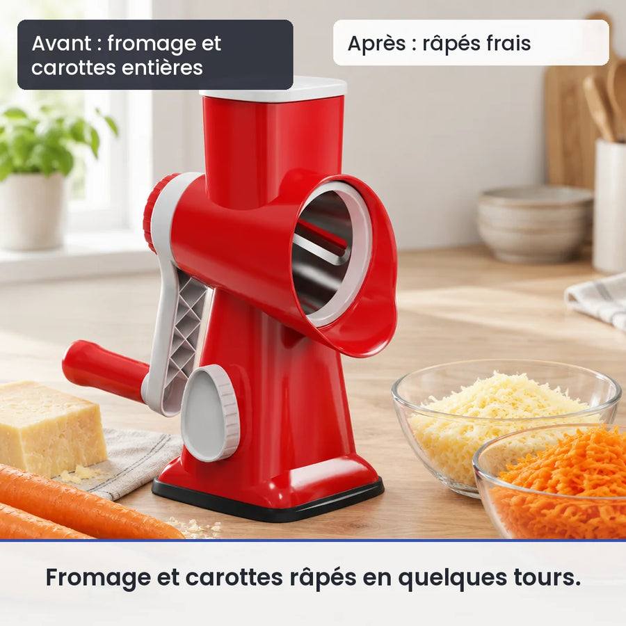 Avant/après avec le hachoir légume rotatif 3 en 1 rouge à manivelle : fromage et carottes entières, puis râpés frais