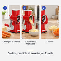 Comment utiliser le hachoir légume rotatif 3 en 1 rouge à manivelle en 3 étapes : remplir la trémie, tourner la manivelle