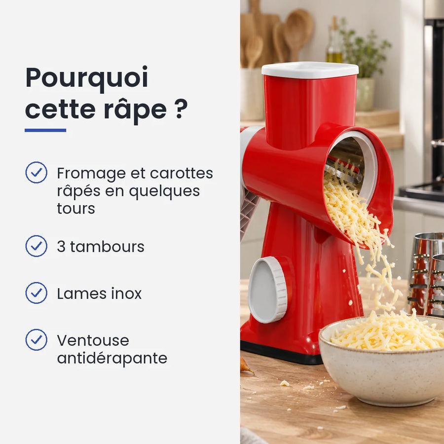 Pourquoi choisir cette râpe : fromage et carottes râpés en quelques tours, 3 tambours, lames inox, ventouse antidérapante