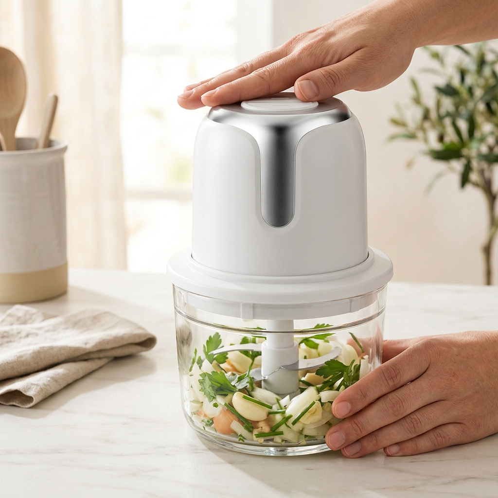 Hachoir électrique sans fil 180 W, bol verre 1,2 L, en cours d'utilisation