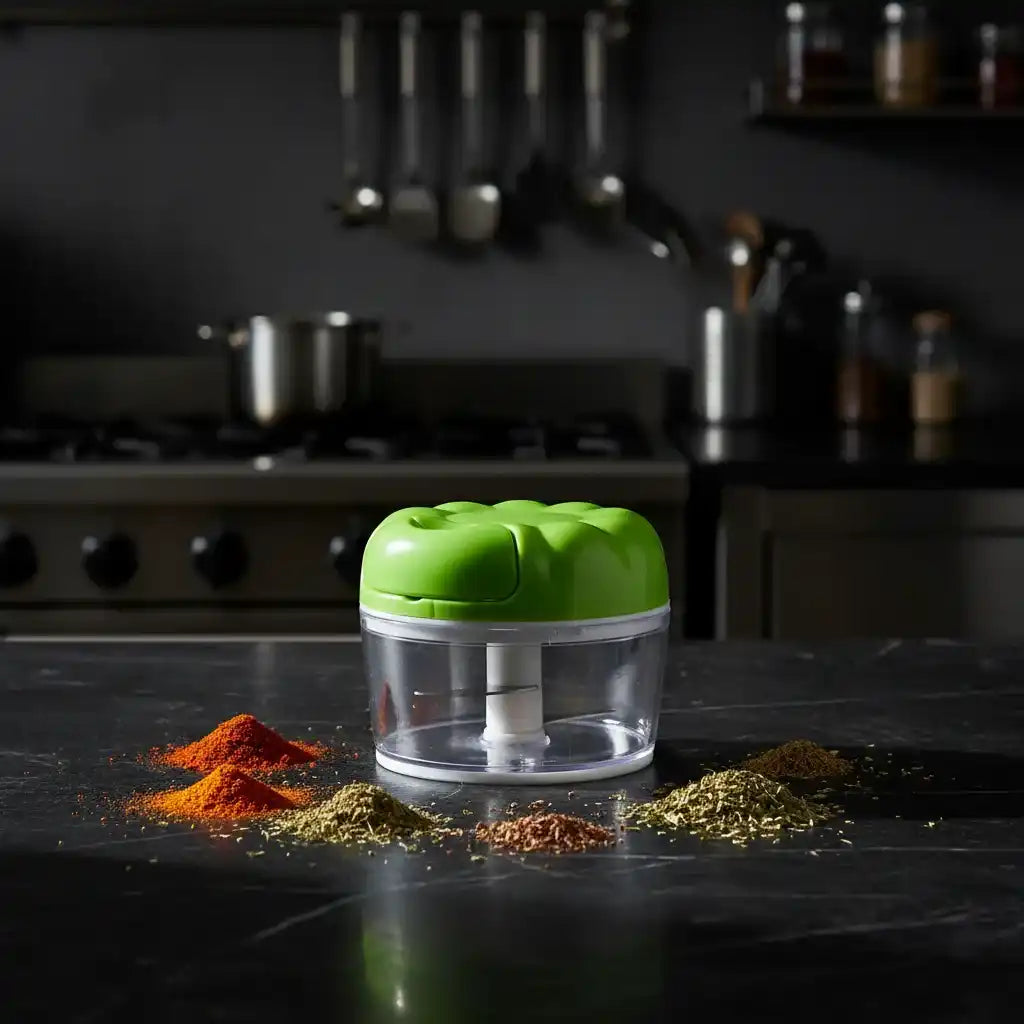 Hachoir manuel compact couvercle vert sur plan de travail en marbre noir avec épices — graines de cumin et paprika — éclairage cinématographique dramatique