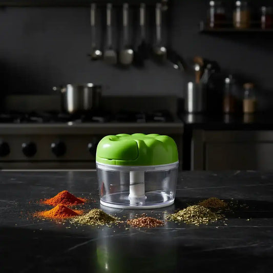 Hachoir manuel compact couvercle vert sur plan de travail en marbre noir avec épices — graines de cumin et paprika — éclairage cinématographique dramatique