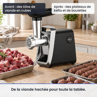 Avant/après avec ce hachoir : des kilos de viande en cubes, puis des plateaux de kefta et de boulettes