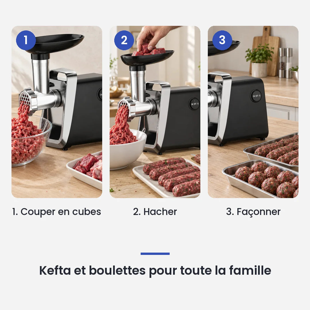 Comment utiliser le hachoir à viande électrique 750W en 3 étapes : couper en cubes, hacher, façonner