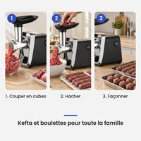Comment utiliser le hachoir à viande électrique 750W en 3 étapes : couper en cubes, hacher, façonner