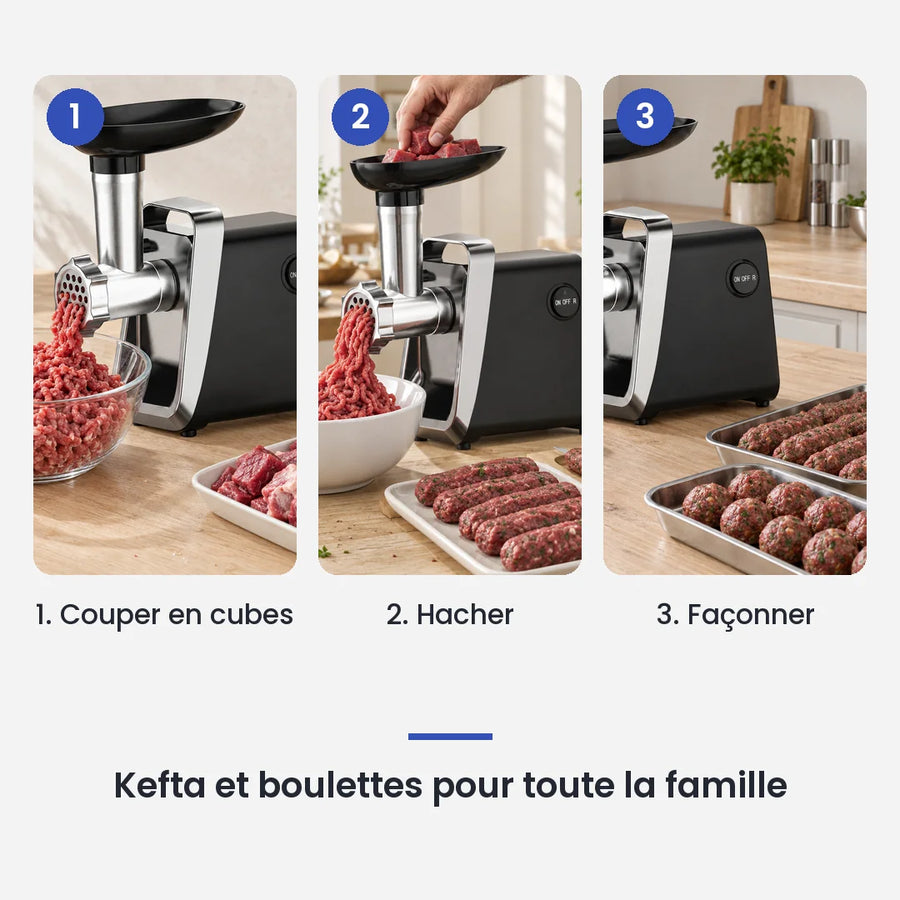 Comment utiliser le hachoir à viande électrique 750W en 3 étapes : couper en cubes, hacher, façonner