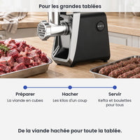 Pour les grandes tablées avec le hachoir à viande électrique 750W : préparer, la viande en cubes, hacher, les kilos d'un coup