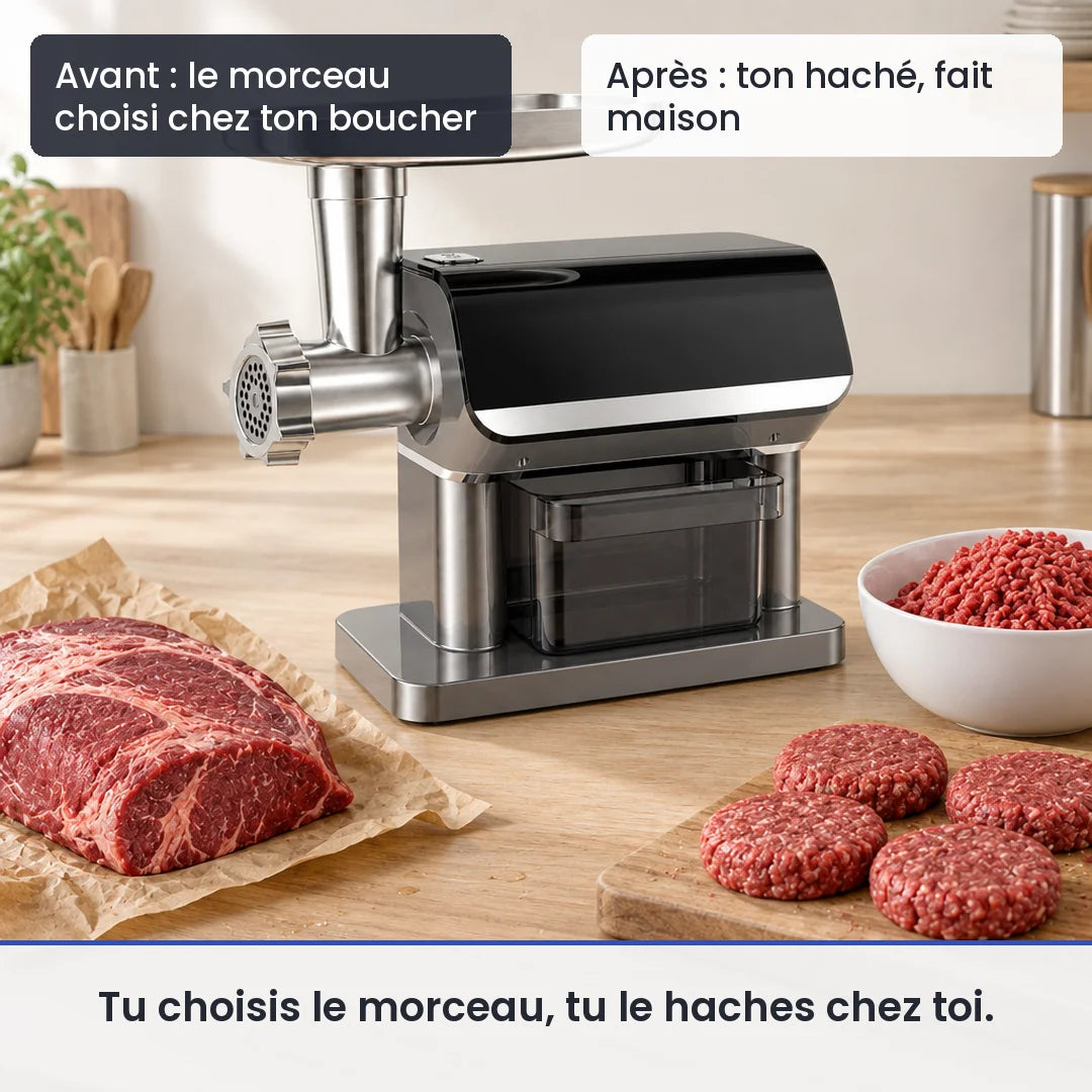 Avant/après avec ce hachoir : le morceau choisi chez ton boucher, puis ton haché, fait maison