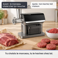Avant/après avec ce hachoir : le morceau choisi chez ton boucher, puis ton haché, fait maison