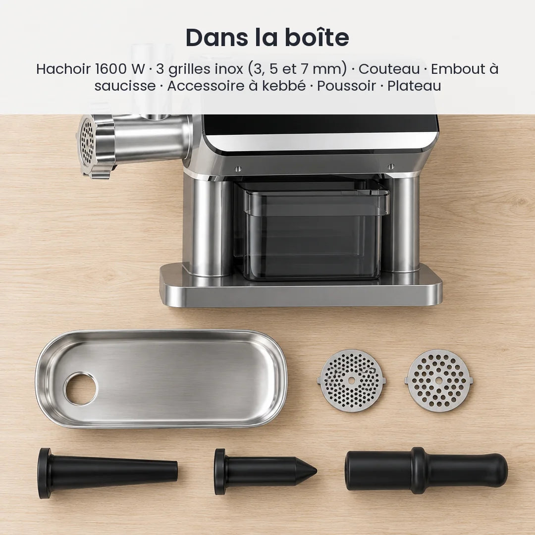 Dans la boîte du hachoir à viande électrique BioloMix 1600W : hachoir 1600 W, 3 grilles inox (3, 5 et 7 mm), couteau