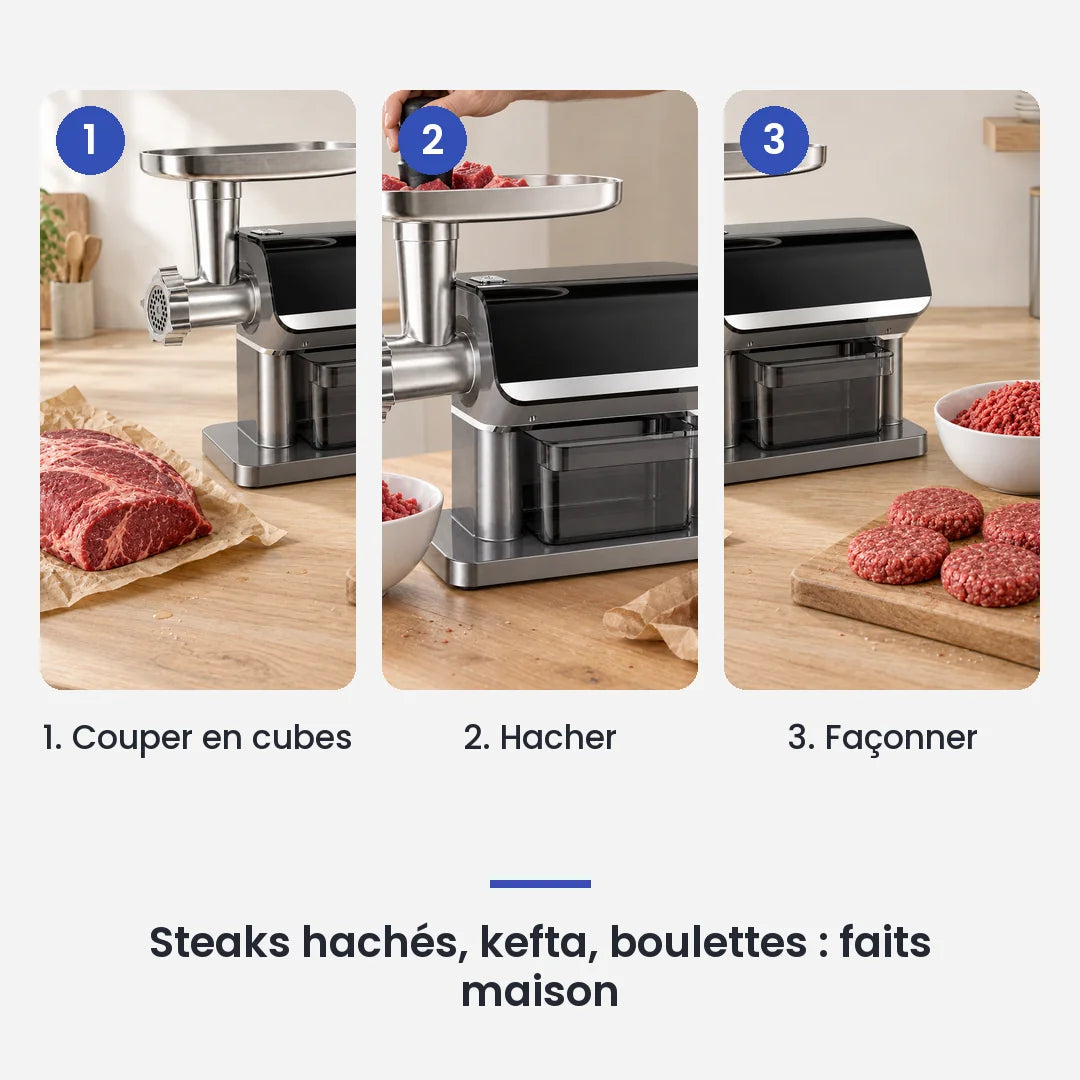 Comment utiliser le hachoir à viande électrique BioloMix 1600W en 3 étapes : couper en cubes, hacher, façonner